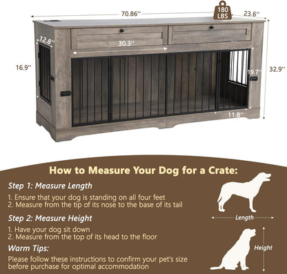 Large Dog Crate Furniture-Decorative Heavy Duty Dog Cage Indoor, Wooden Dog Cage End Table with Charging Station, Dog House with 2 Drawers (White, 70.86''L)