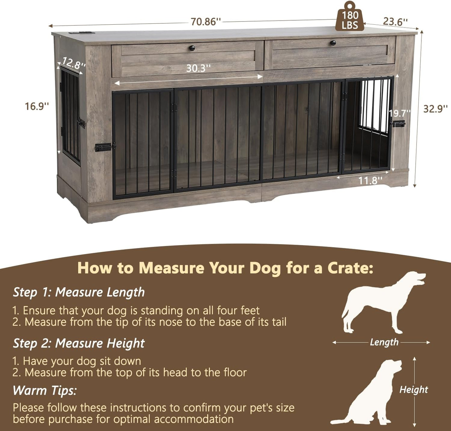 Large Dog Crate Furniture-Decorative Heavy Duty Dog Cage Indoor, Wooden Dog Cage End Table with Charging Station, Dog House with 2 Drawers (Gray, 70.86''L)