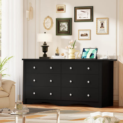 6 Drawer Dresser with Power Outlet, Modern Wooden Chest of Drawers, Multipurpose TV Stand & Closet for Bedroom, Living Room, Hallway (Black)