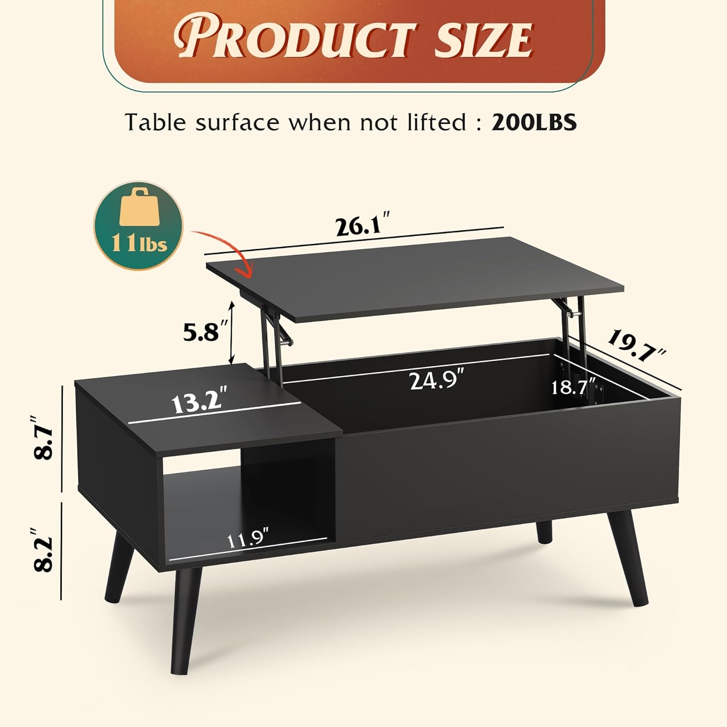 Coffee Table for Living Room, Lift Top Coffee Table with Storage, Small Rising Wooden Dining Center Table with Storage Shelf & Hidden Compartment, 39" Black