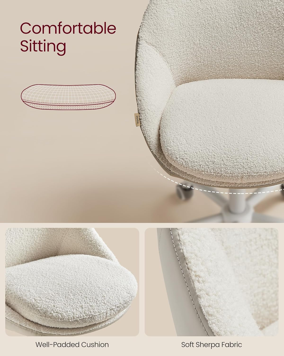 Vanity Chair with Back, Adjustable Swivel Cute Desk Chair with Wheels, Sherpa and PU Leather for Lumbar Support, Compact for Small Spaces, Bedroom, Cappuccino Beige and Cloud White UOBG020W91