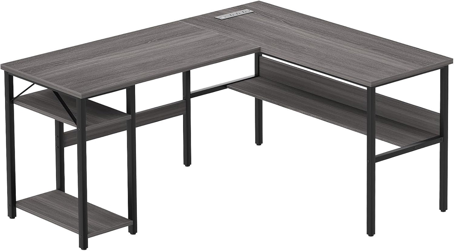 L Shaped Computer Desk with LED Strip and Power Outlets, Reversible Corner Desk with Monitor Stand and Storage Shelf, Modern Gaming Home Office Table with USB Ports, White