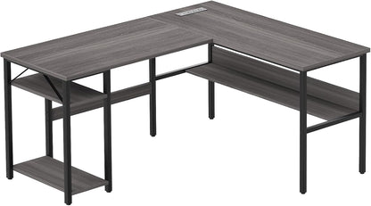 Reversible L Shaped Computer Desk with Magic Power Outlets and USB Charging Ports, Sturdy Corner Desk with Storage Shelves, Durable Work Desk for Home Office, Easy to Assemble, White