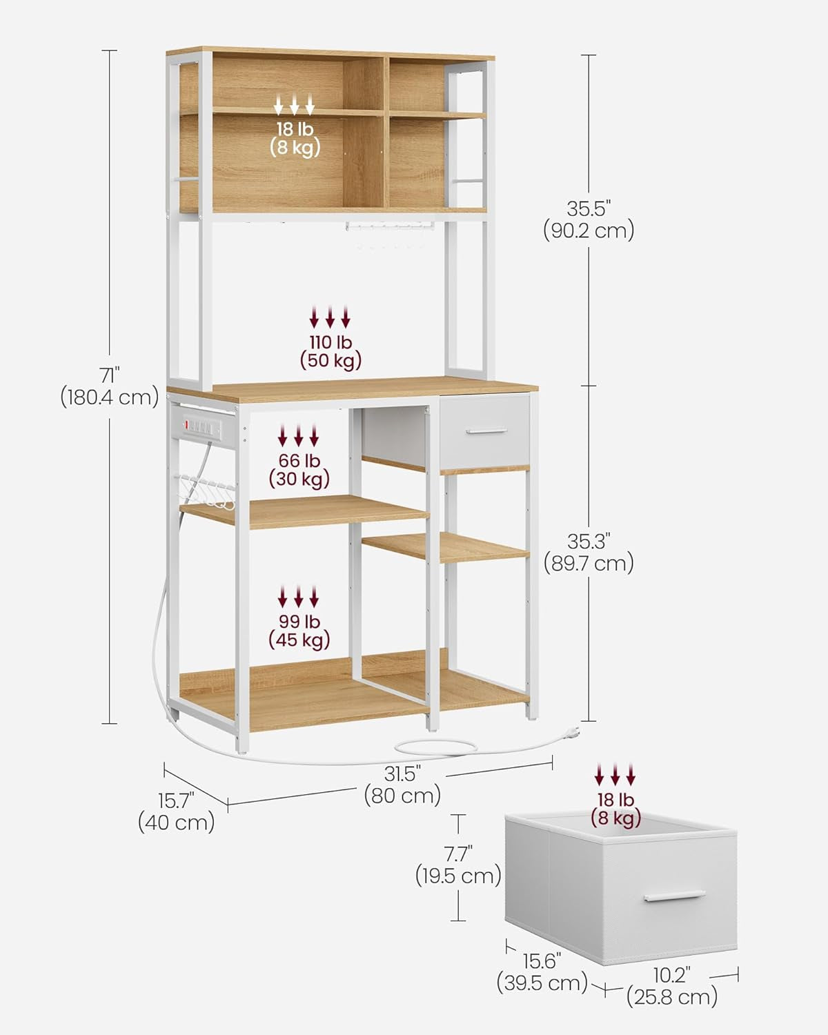 Bakers Rack with Charging Station, Coffee Bar with Adjustable Storage Shelves, Fabric Drawer, 12 Hooks, 15.7 X 31.5 X 71 Inches, Kitchen Microwave Stand, Golden Oak and Cloud White UKKS015Y03