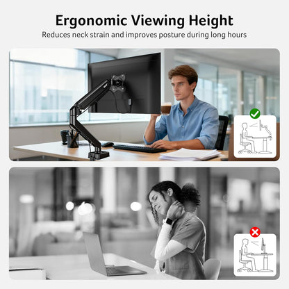 Single Monitor Mount, Fully Adjustable Monitor Arm Fits 17 to 34 Inch Screens, Gas Spring VESA Mount with C-Clamp & Grommet Base, Computer Desk Arm with Tilt Swivel Rotate Supports 4.4-19.8 Lbs