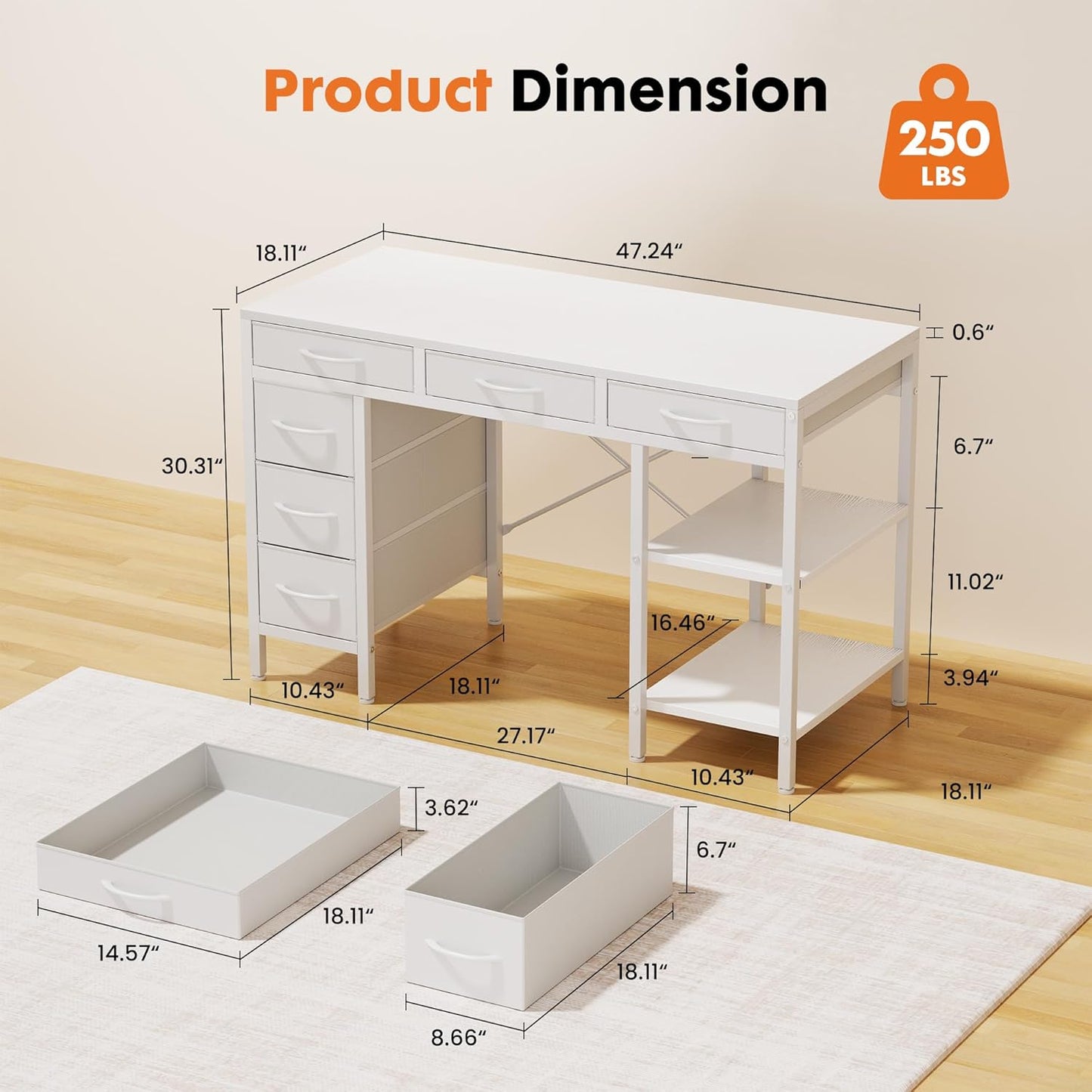 Computer Desk with 6 Drawers, 47" Home Office Writing Gaming Desks with Storage Shelves, Work Study Table for Bedroom Living Room White