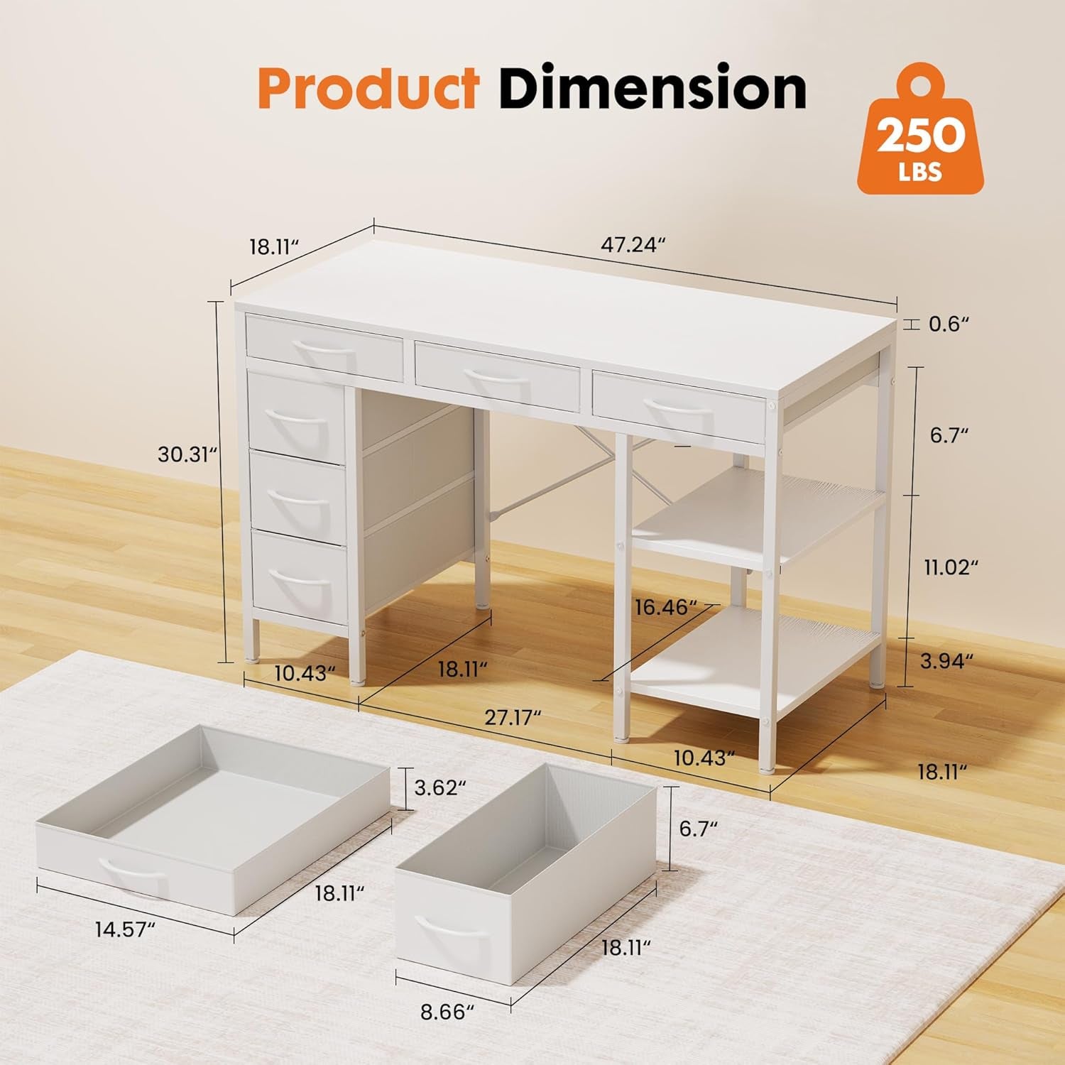 47" Computer Desk with 6 Drawers, Home Office Gaming Desks with Storage Shelves for Bedroom, Writing Study Corner Living Room Work Table White