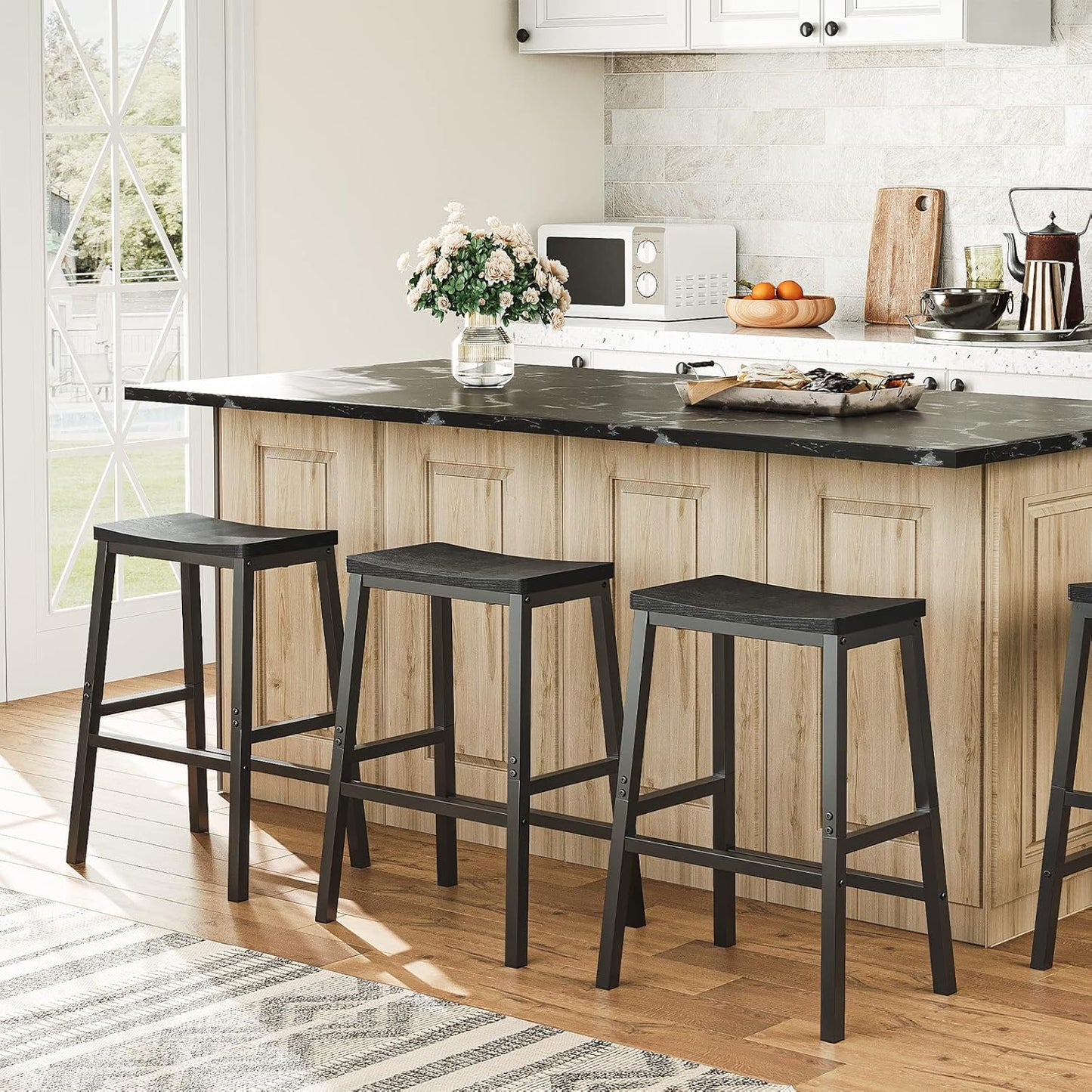 Bar Stools, Set of 2 Bar Chairs, 23.6 Inch Saddle Stools, Kitchen Counter Stools with Footrests, Industrial for Dining Room, Kitchen, Counter, Black BB02MD01