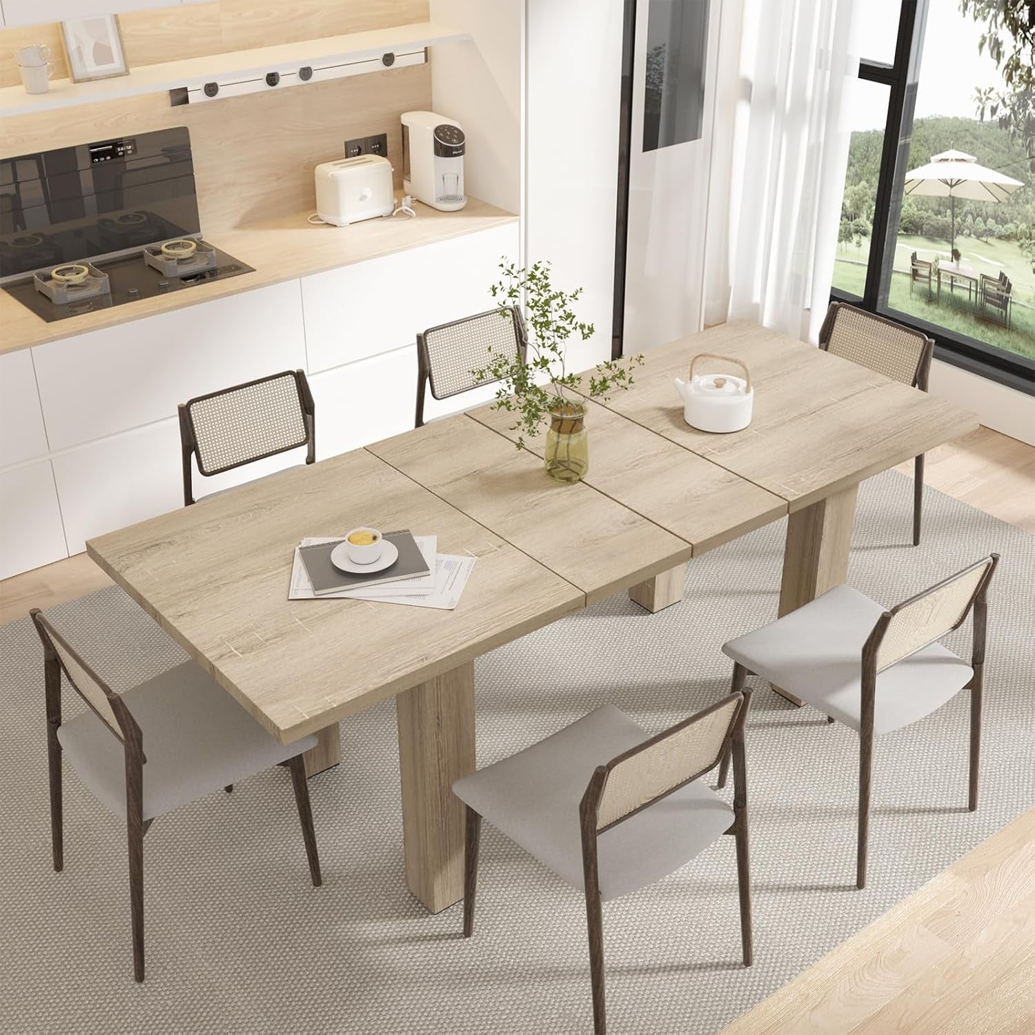 Extendable Dining Table for 6 8 10, 55'' to 78" Wood Kitchen Table Mid Century Modern Large Transformer Rectangle Dining Room Table Space Saving for Small Apartment Conference, Oak