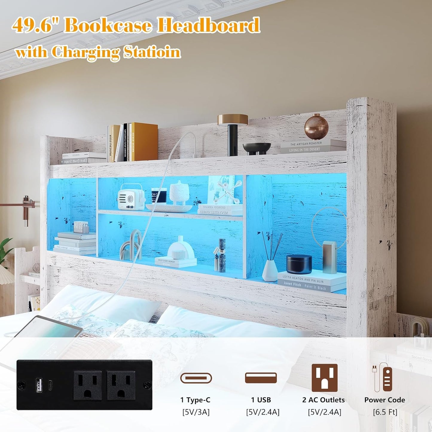 King Bed Frame with 49.6" Bookcase Headboard & 2 Bedside Stoage Racks & 4 Drawers, Farmhouse Wood Bed Frame with RGB LED & Charging Station, No Box Spring Needed, Distressed White