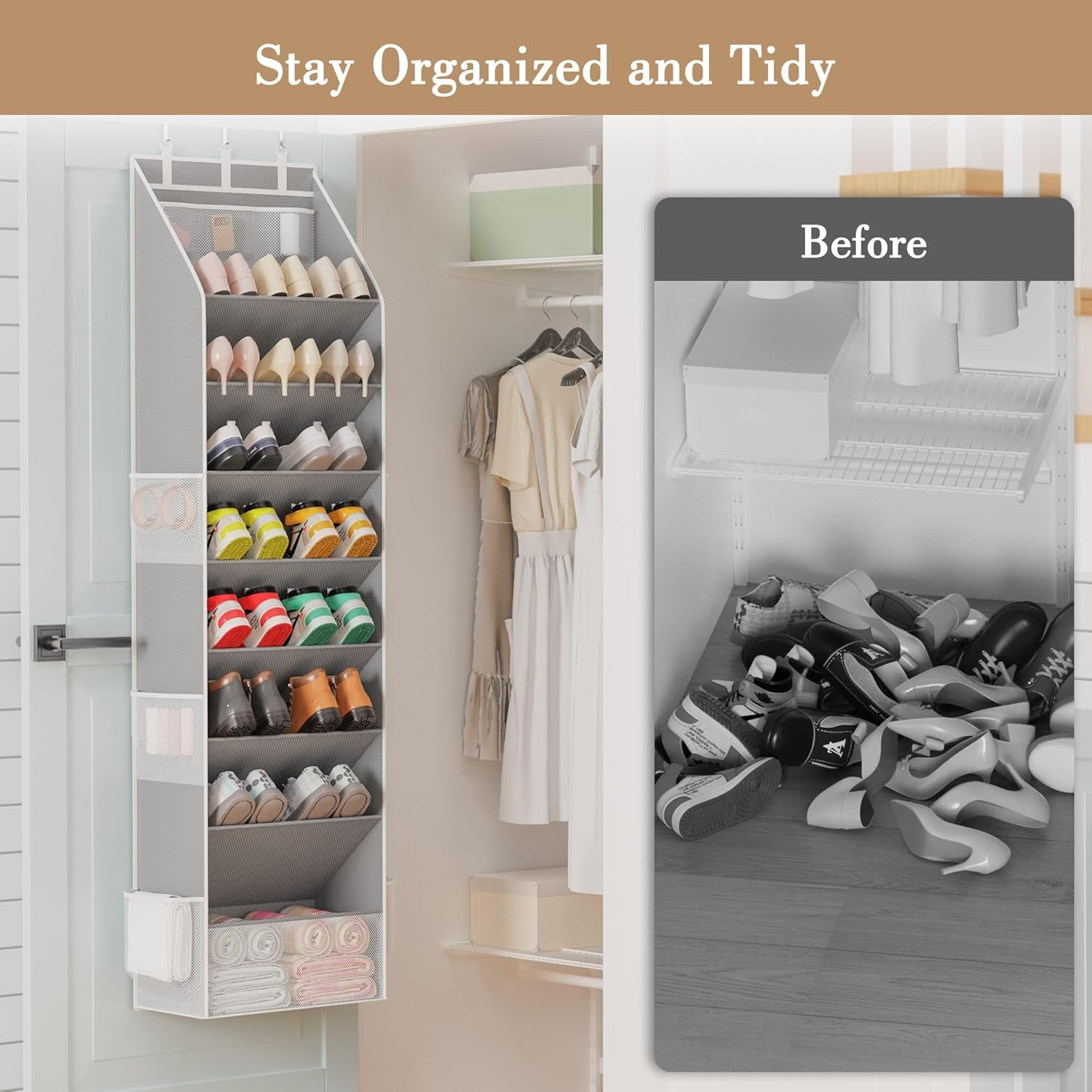 Shoe Organizer, over the Door Shoe Organizer, Hanging Closet Shoe Storage with Large Deep Pockets, Fits 16–24 Pairs of Sneakers, Sandals, Boots, Gray