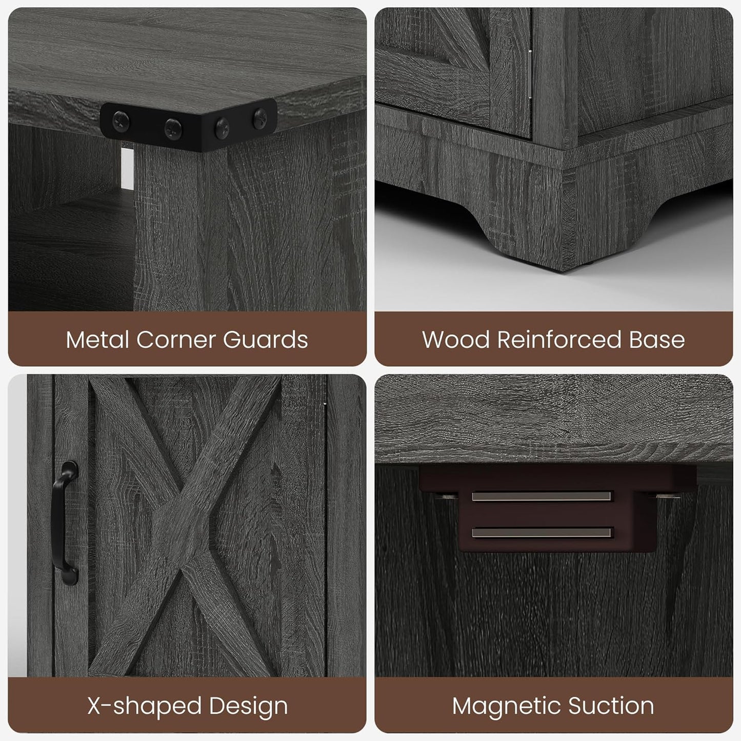 Farmhouse Nightstand, End Table with LED Lights and Charging Station, Tall Bedside Table with Large Storage and Shelf, Wooden Side Table for Bedroom, Home Office, Dark Grey