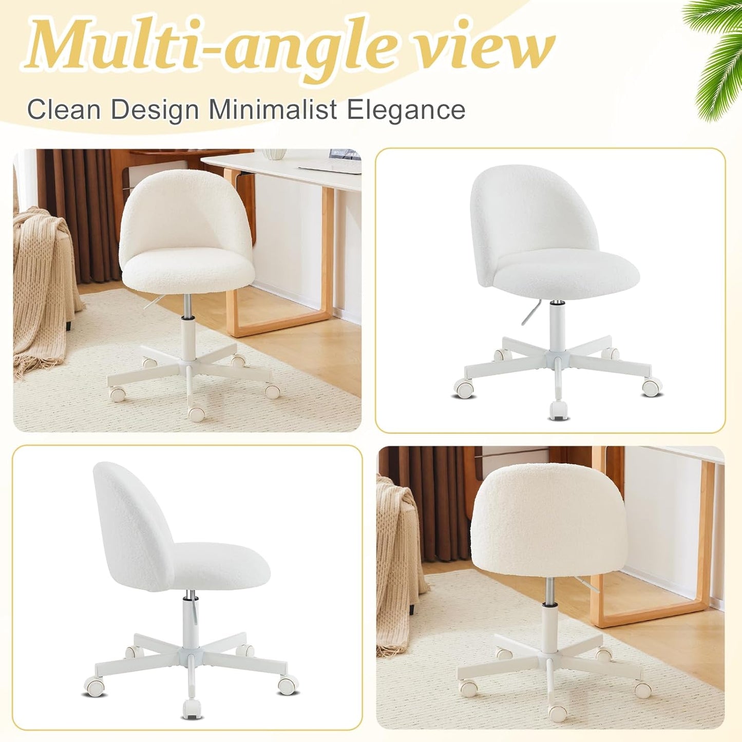 Modern Vanity Chair with Back, Velvet Desk Chair for Girls, Small Office Chair with Silent Wheels， Stylish and Comfortable, White
