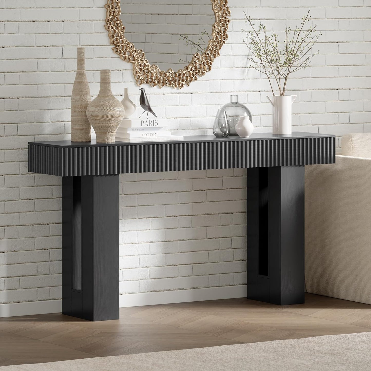 Farmhouse Entryway Table, 63" Long Fluted Console Table, Rustic Wooden Rectangular Sofa Table behind Couch, Modern Narrow Entry Table for Entrance, Hallway and Living Room, Modern Black