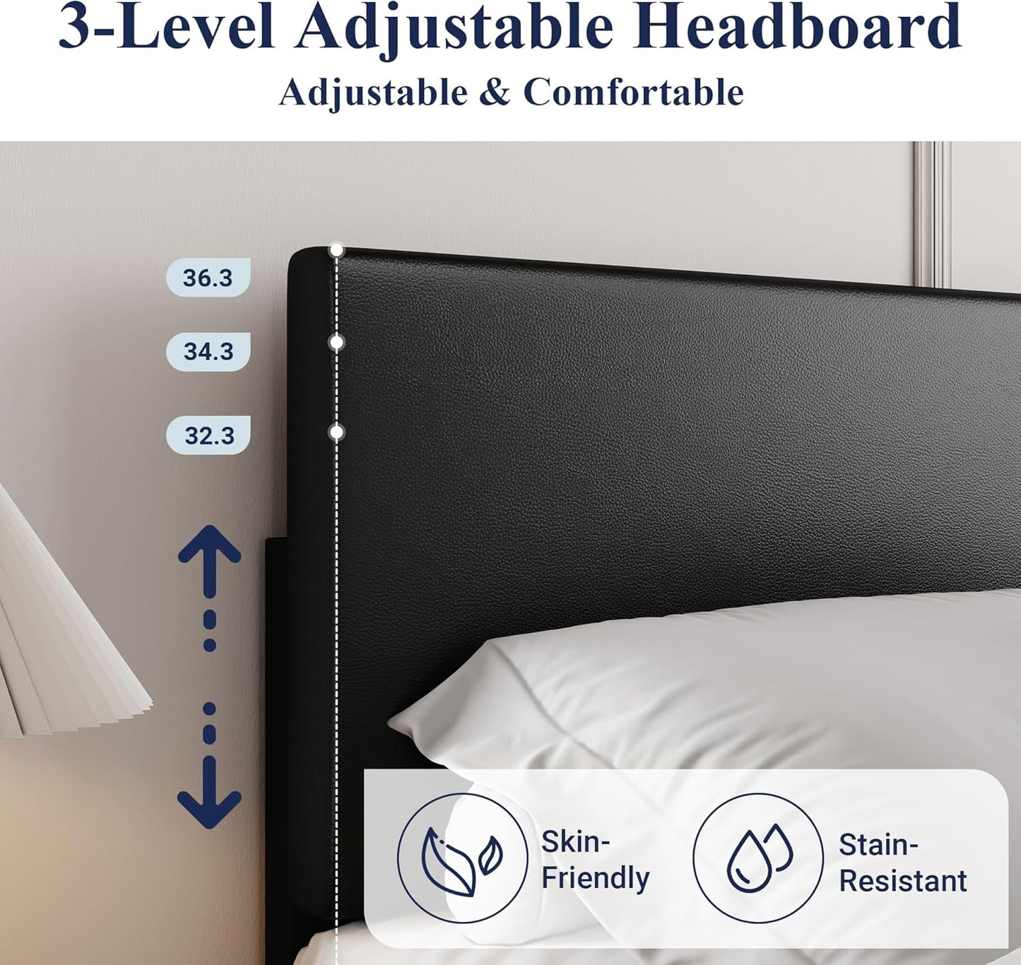 King Size Bed Frame with Adjustable Headboard, Faux Leather Platform Bed with Wood Slats, Heavy Duty Mattress Foundation, No Box Spring Needed, Noise-Free, Easy Assembly, Black