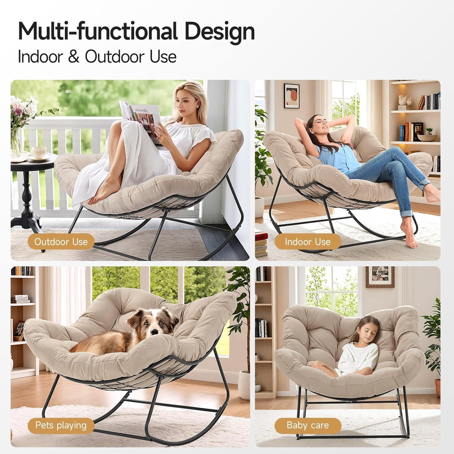 Indoor Rocking Papasan Chair, 450 Lbs Oversized Indoor Egg Comfy Chairs, Rocking Reading Chair with Thickened Cushion, Lounge Cozy Chairs for Bedroom Living Room, Beige