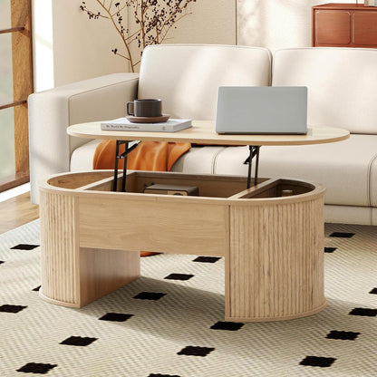 Lift Top Coffee Table, Fluted Coffee Table with Lifting Top, Wooden Lift up Dining Table with Hidden Compartment, Center Table for Living Room, Office - Oak