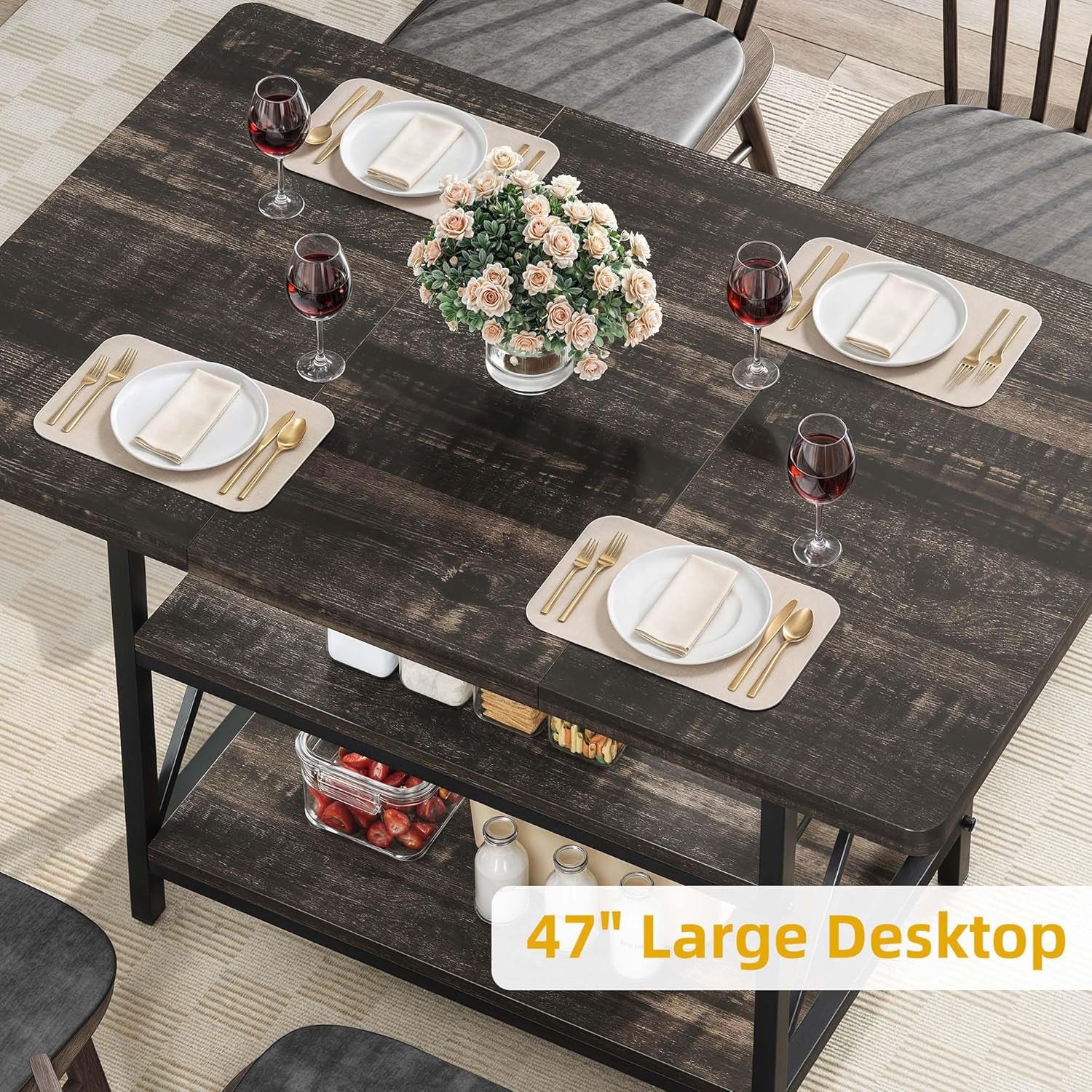 Dining Room Table 47 Inch Rectangle Dining Table for 4 People Farmhouse Rustic Kitchen Table with Storage Shelf and Heavy Duty Metal Legs for Home Apartment