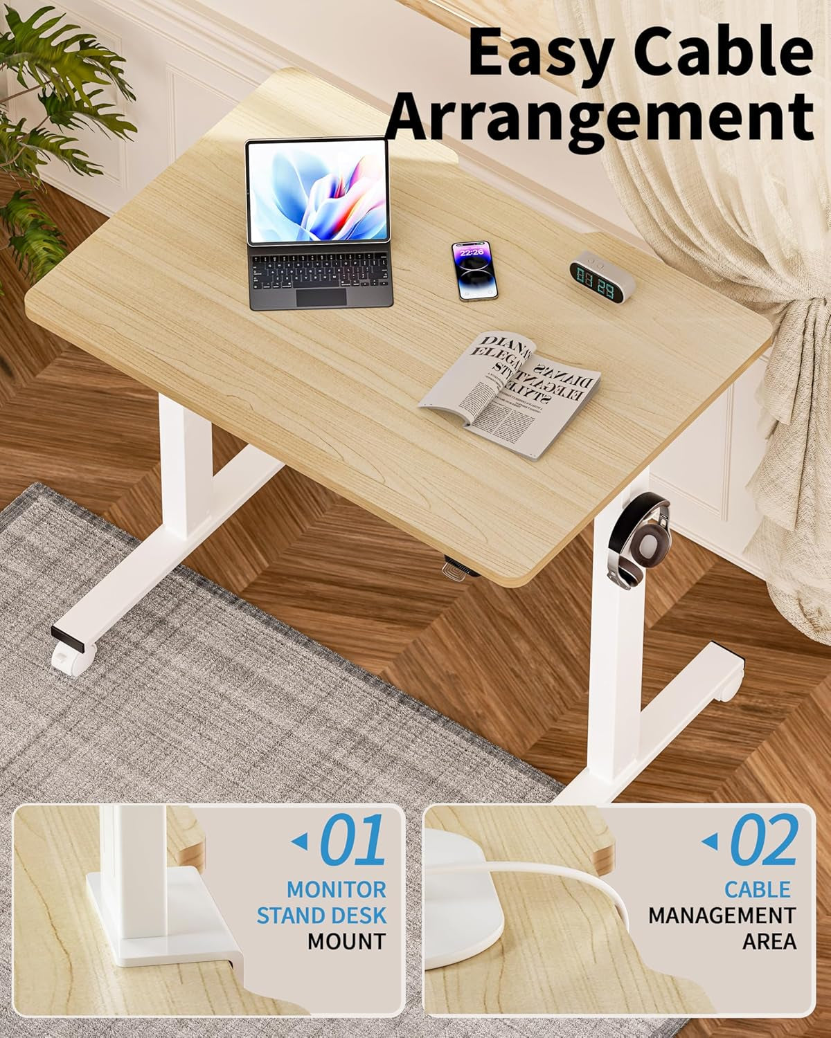 Small Electric Standing Desk, 36" X 24" Whole Piece Height Adjustable Desk, Oak Sit to Stand Computer Workstation with Wheels for Home Office