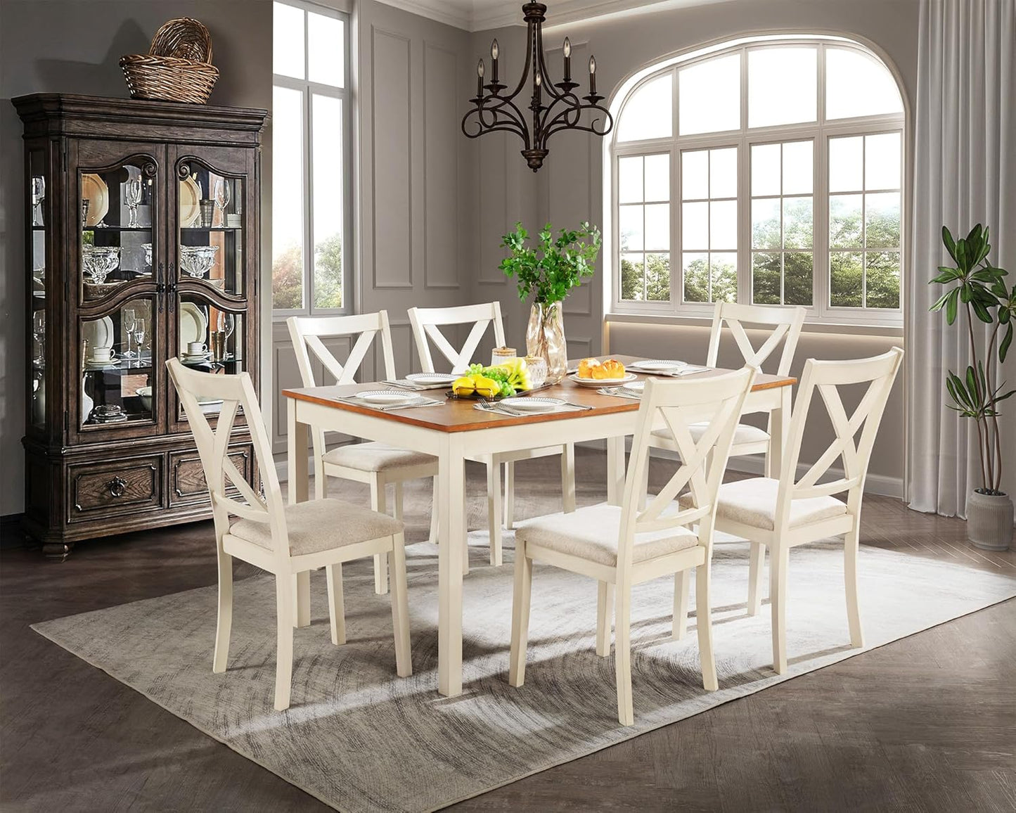 7-Piece Farmhouse Solid Wood Dining Table Set with 6 Chairs, 60" Rectangular Dining Table & Chair Set for 6 People, Dining Table with Wood Legs, Table Set for Dining Room, Kitchen, Rustic Cream