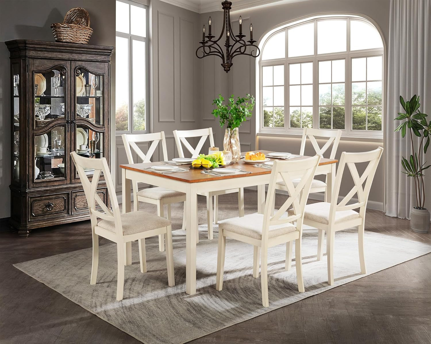 7-Piece Farmhouse Solid Wood Dining Table Set with 6 Chairs, 60" Rectangular Dining Table & Chair Set for 6 People, Dining Table with Wood Legs, Table Set for Dining Room, Kitchen, Rustic Cream