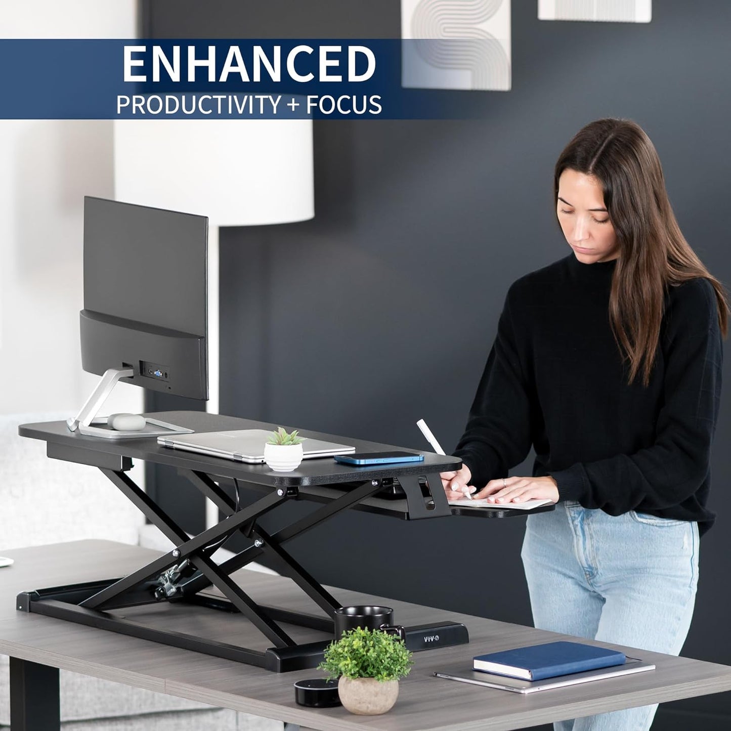 32 Inch Desk Converter, K Series, Height Adjustable Sit to Stand Riser, Dual Monitor and Laptop Workstation with Wide Keyboard Tray, Black, DESK-V000K