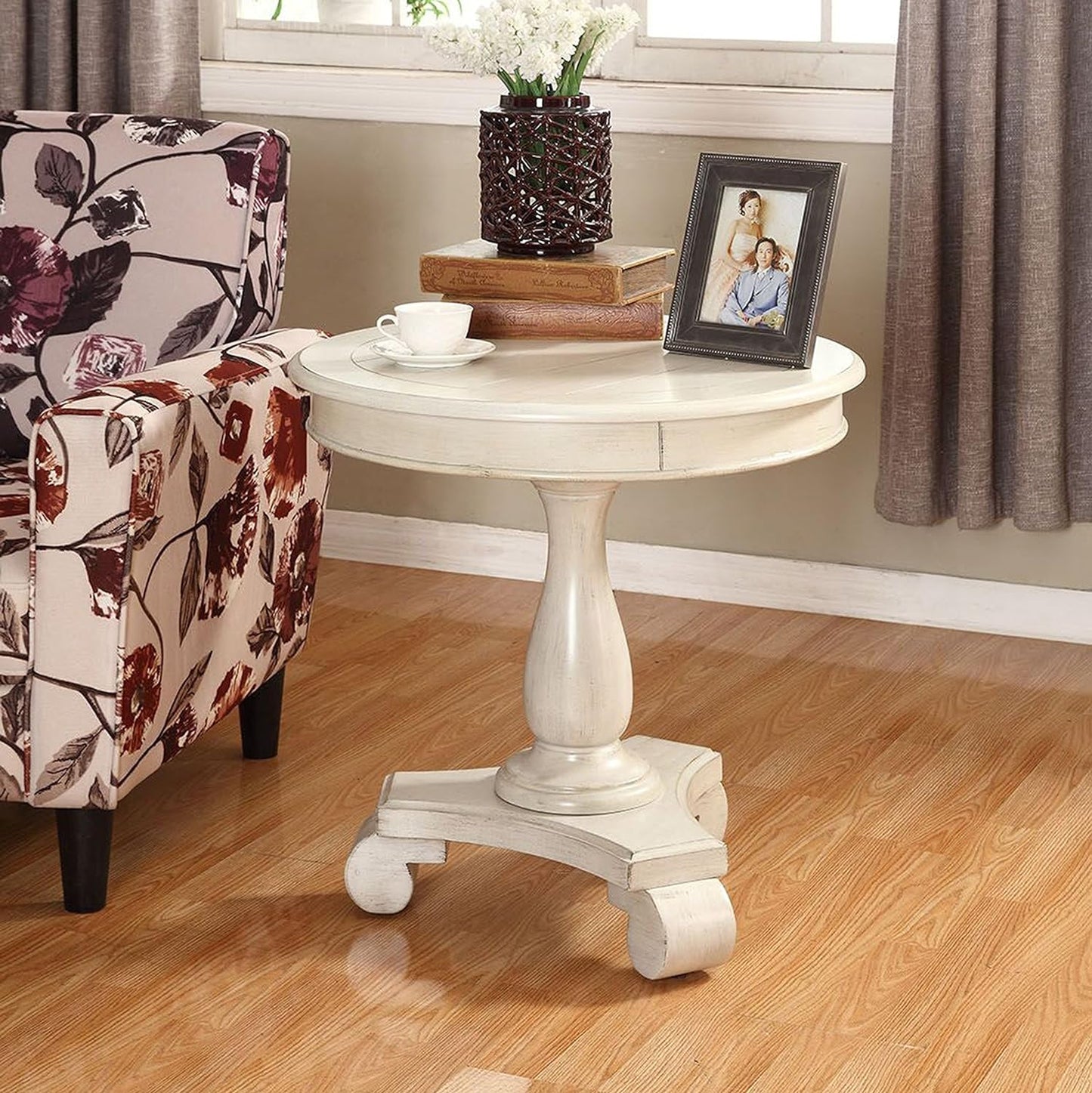 Rene round Wood Pedestal Side Table, Antique White