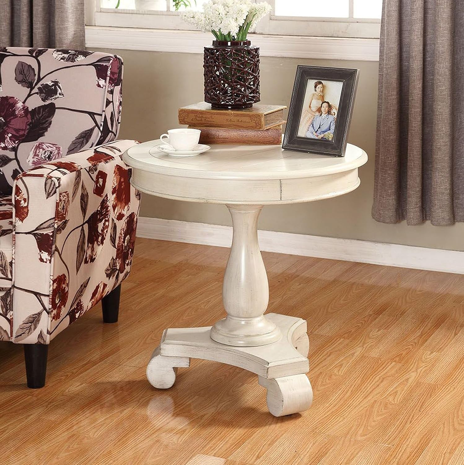 Rene round Wood Pedestal Side Table, Antique White