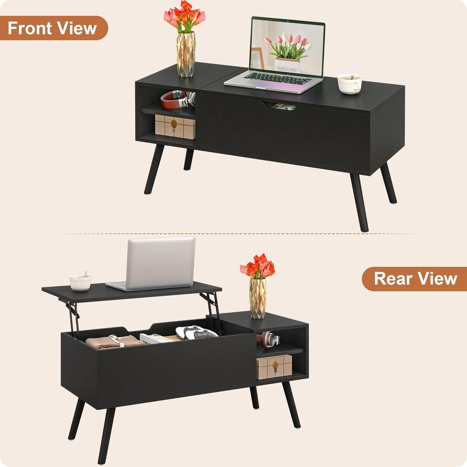Black Lift Top Coffee Table with Hidden Storage Compartment, Solid Wood Legs & Open Shelves - 40" Pop up Coffee Tables for Living Room