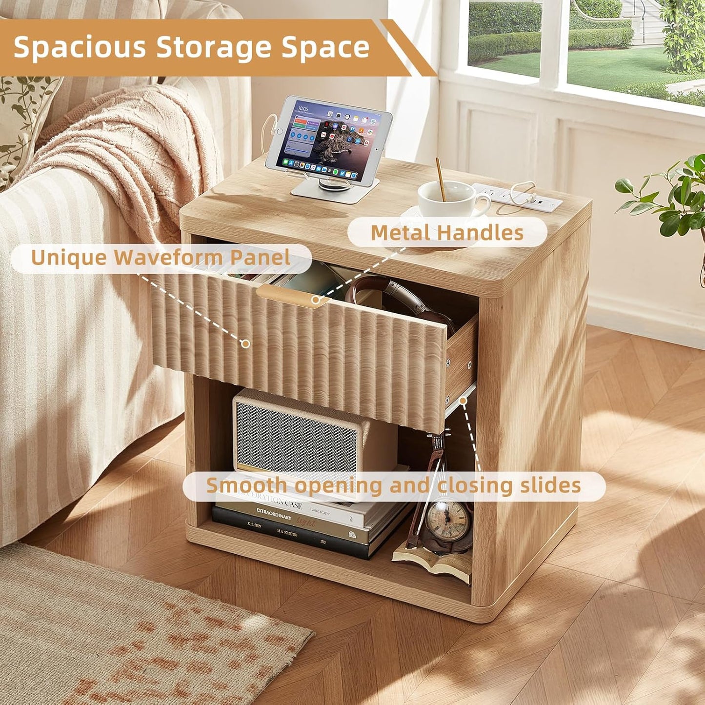 Fluted Farmhouse Nightstand Set of 2 with Charging Station, 23" Wide 1 Drawers End Table,Natural Dresser for Bedroom,Bed Side Table Chest of Drawers Cabinet,Wood Night Stand for Living Room