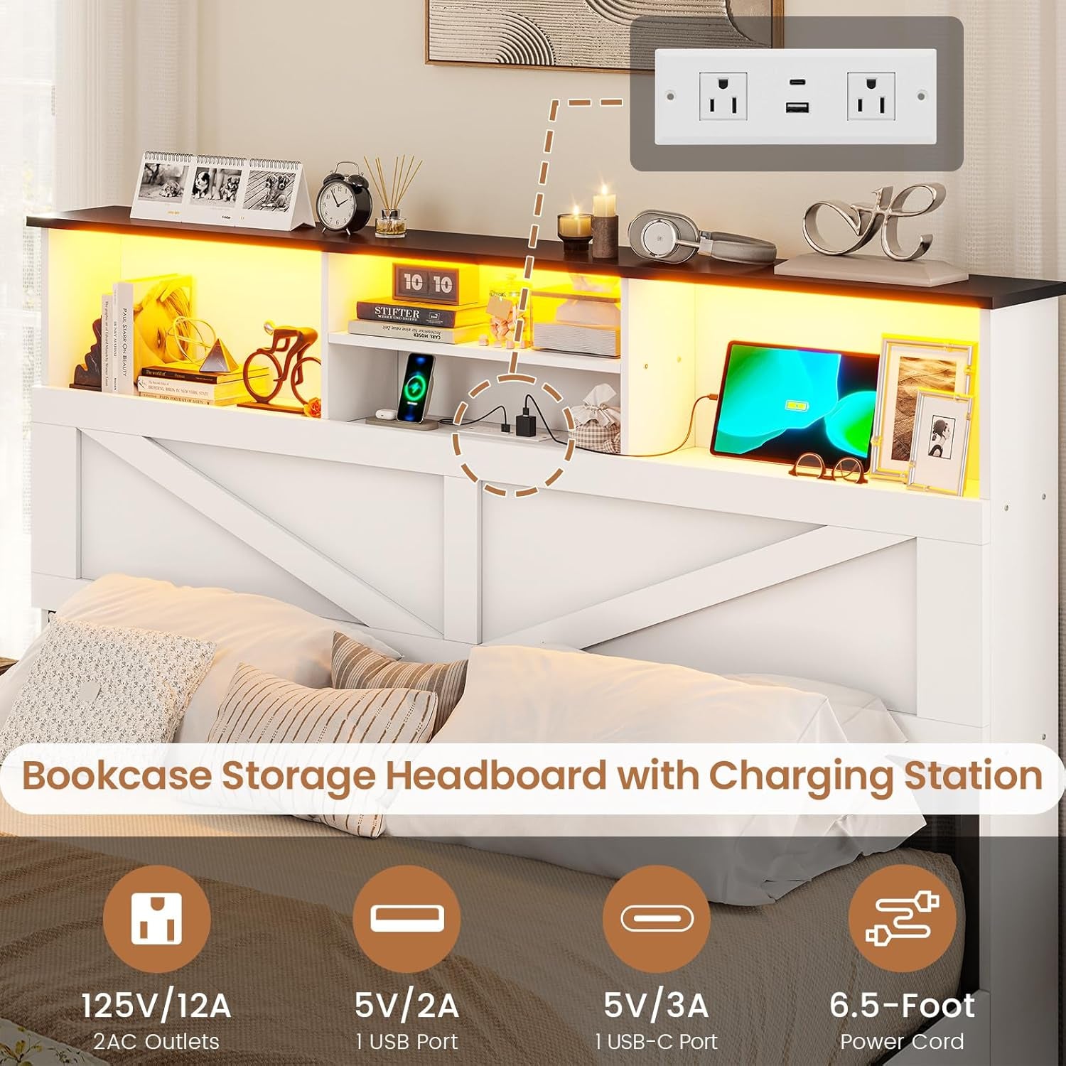 Farmhouse Bed Frame Queen Size with Bookcase Storage Headboard, Charging Station and LED Lights, Wooden Queen Bed Frame with 4 Drawers, Barn Door Design, No Box Spring Needed, No Noise, White