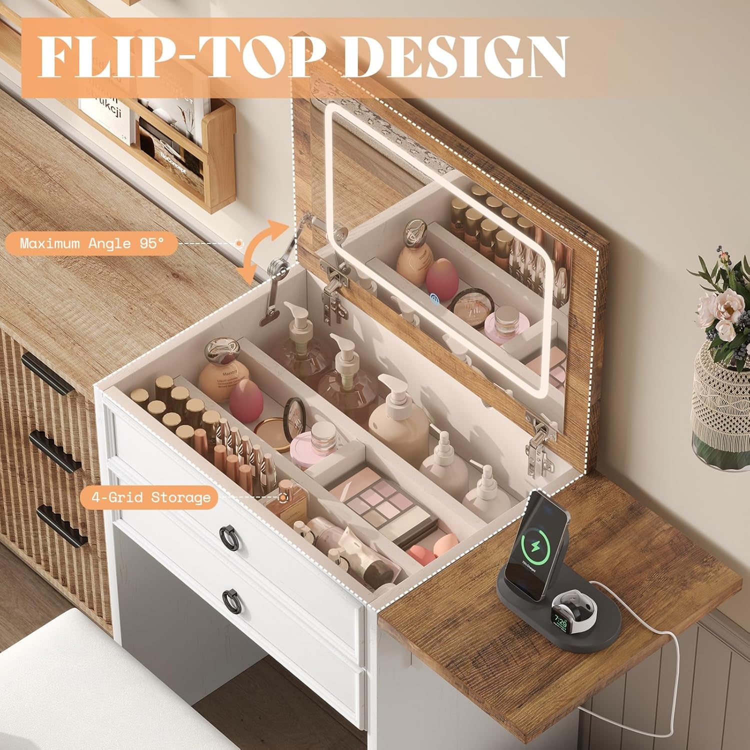 Makeup Vanity Desk with Mirror and Lights, Compact Vanity with Hidden Chair & Charging Station, 3 in 1 Space-Saving Vanity Table for Girls, Small Bedroom & Apartments, White & Barnwood