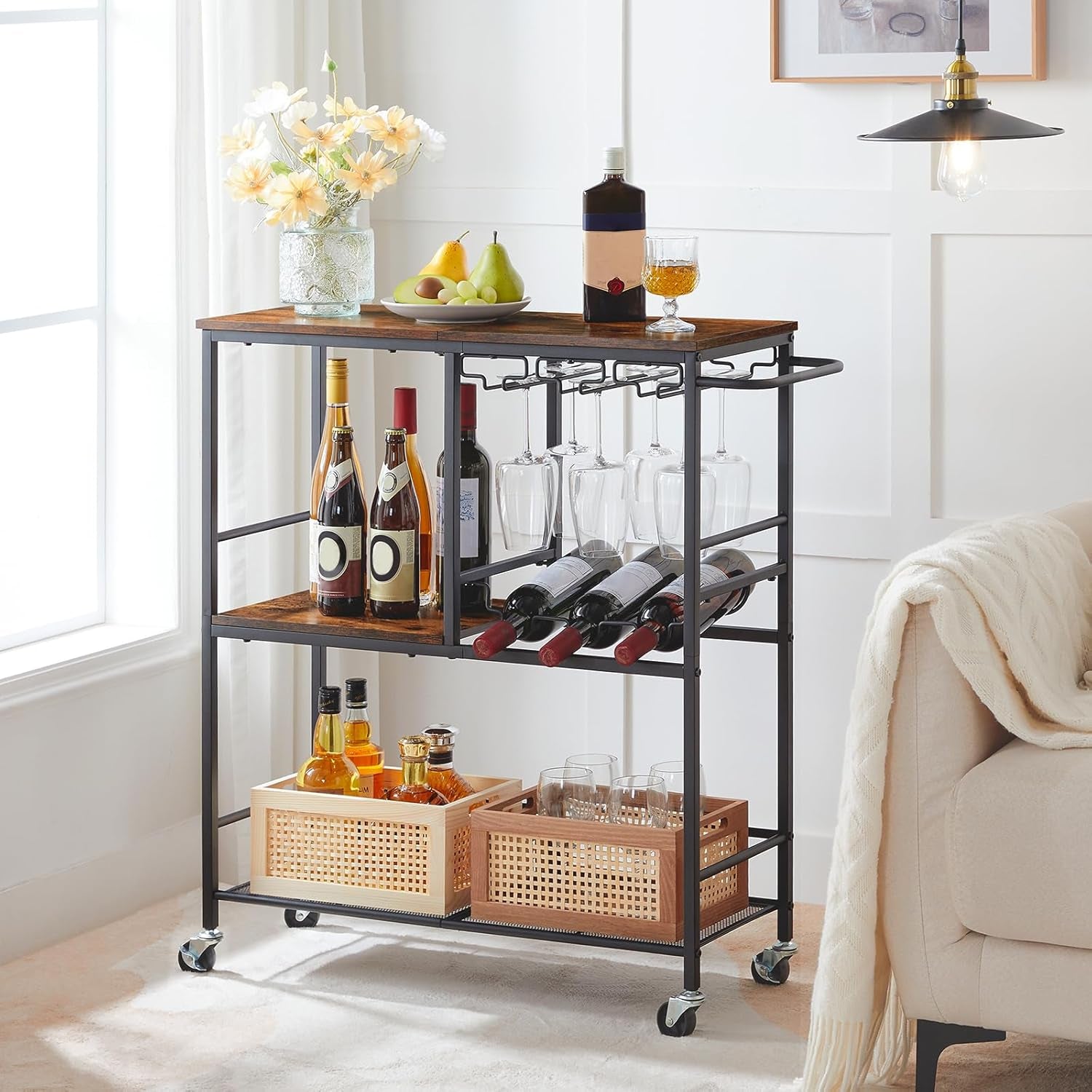 Bar Cart for the Home, 29.5 Inches 3-Tier Serving Cart with Wheels, Rolling Kitchen Cart with Wine Rack and Glass Holder for Living Room, Party, Bar, Rustic Brown and Black BF21TC01G1