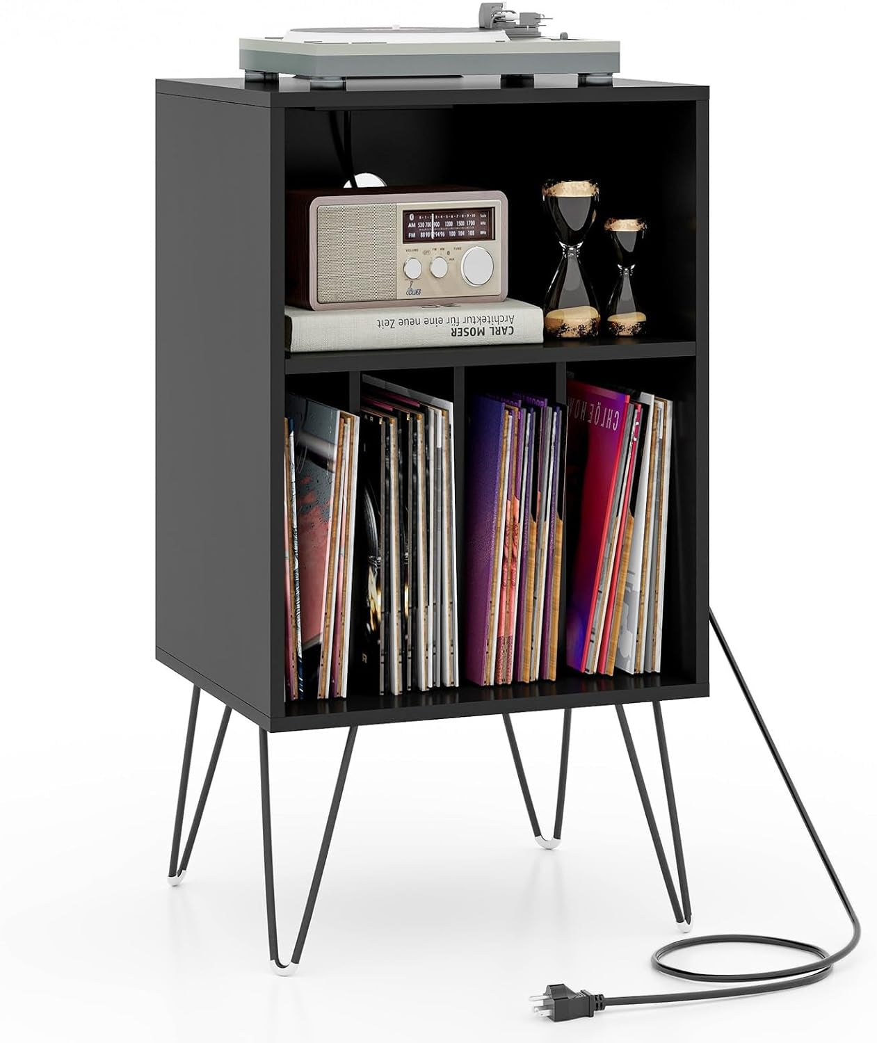 Record Player Stand with Charging Station, Turntable Cabinet with Metal Legs, Vinyl Record Storage Cabinet Holds up to 150 Albums for Living Room, Bedroom (Black)