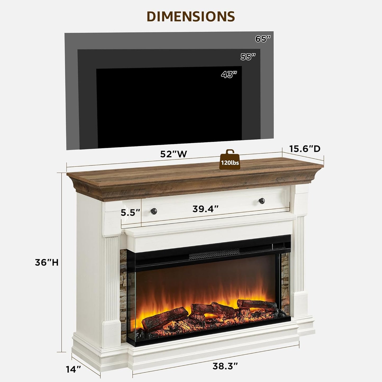 52 Inch Electric Fireplace with Mantel, Fireplace TV Stand with 36" 3-Sided Glass Electric Fireplace Heater for Living Room (Antique White)