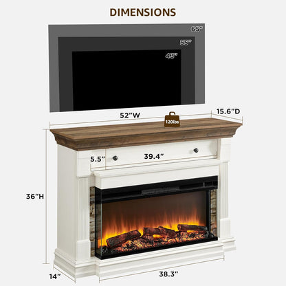52 Inch Electric Fireplace with Mantel, Fireplace TV Stand with 36" 3-Sided Glass Electric Fireplace Heater for Living Room (Antique White)