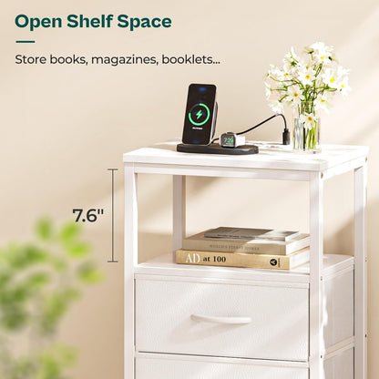 Nightstand with Charging Station, Side Table with 2 Fabric Drawers, End Table with Open Shelf, Bedside Table with USB-C Port and Outlets, Night Stand, PU Leather, White