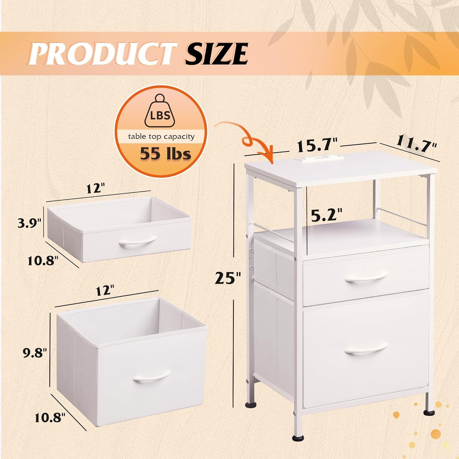 Night Stand Set 2, White Nightstand with Charging Station, Nightstands for Bedroom Set of 2, Bedside Tables, Side Table with 2 Fabric Drawers, Small Dresser with USB Ports and Outlets