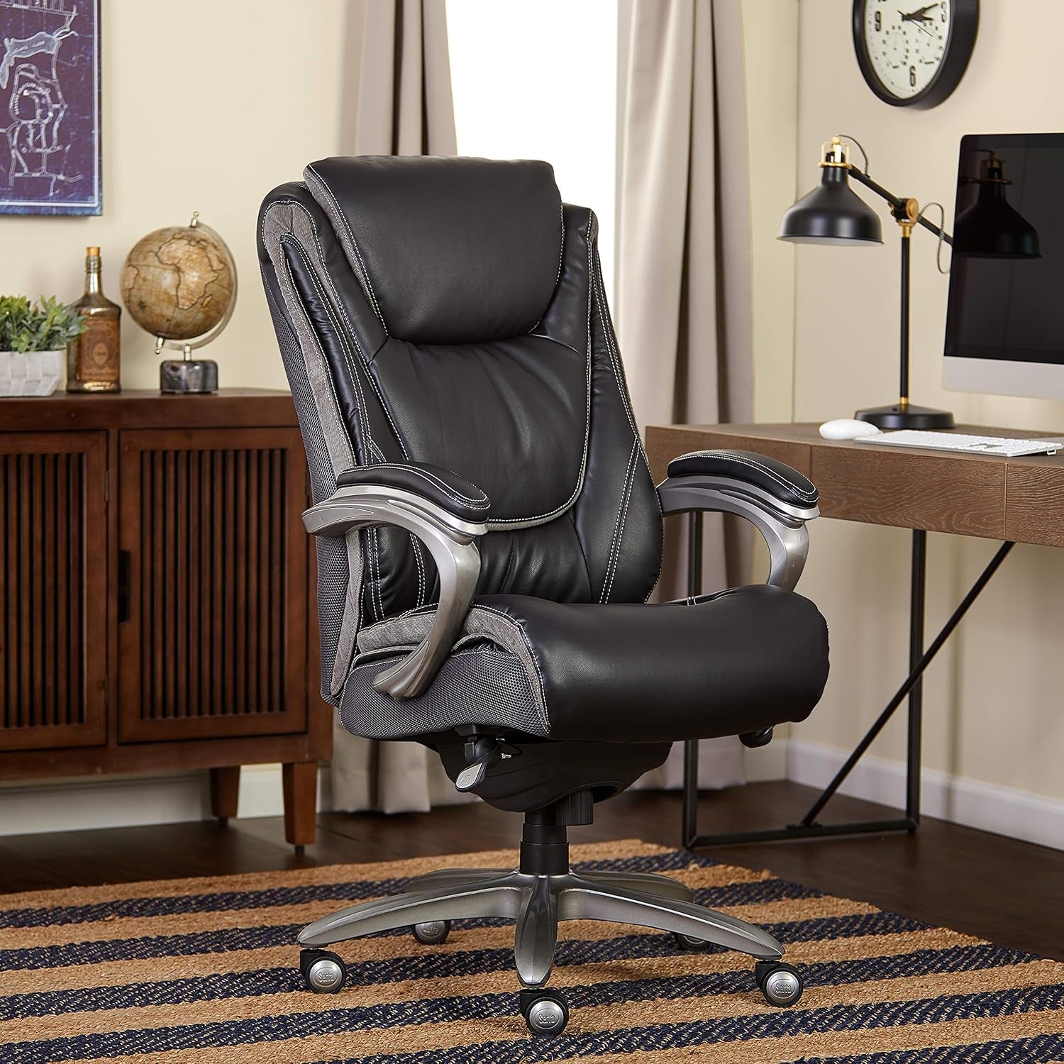 Baxter Big and Tall Smart Layers Executive Office Chair with Comfortcoils, Ergonomic Computer Chair with Layered Body Pillows, Black & Gray Bonded Leather