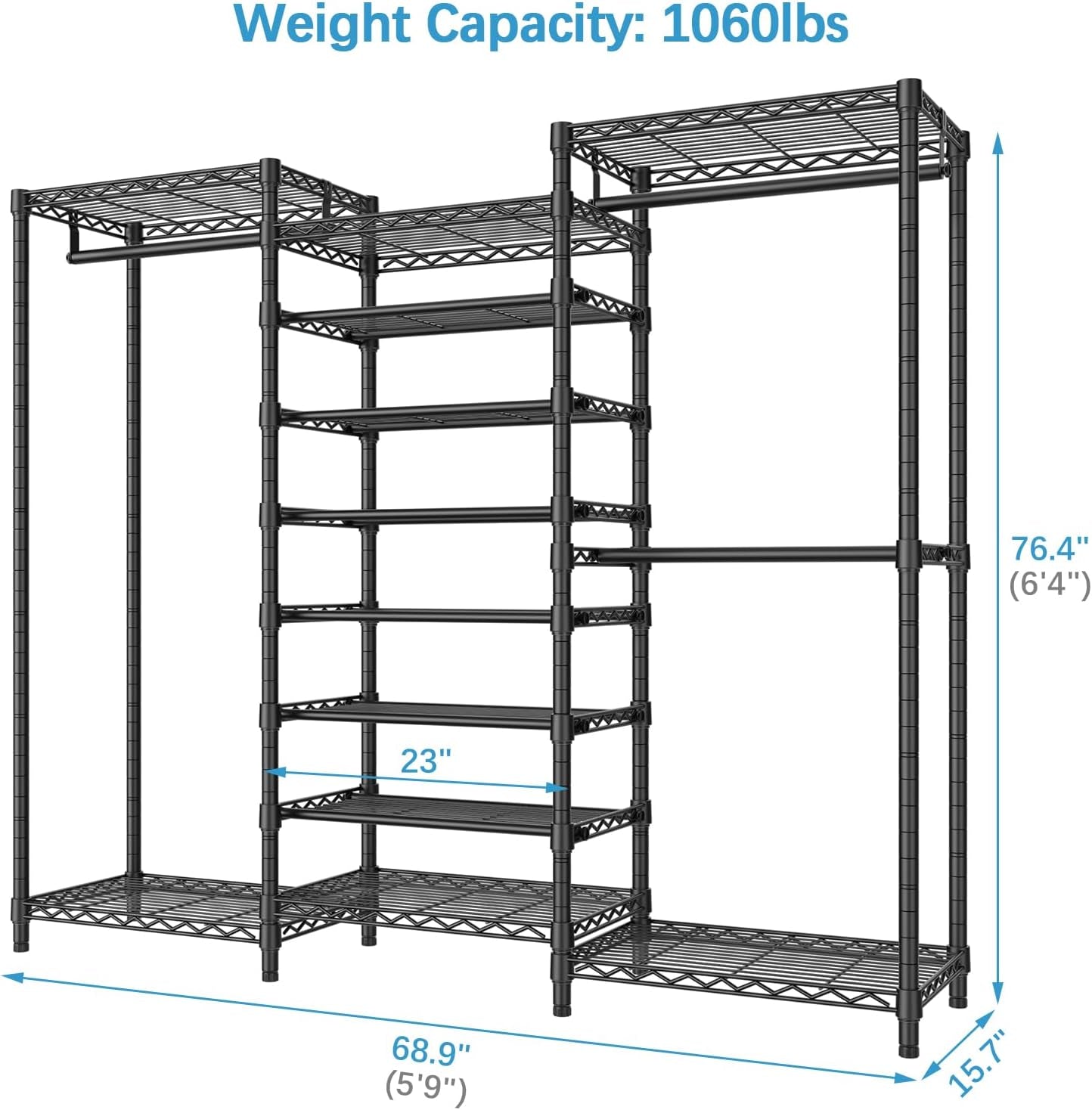 S3C Heavy Duty Portable Closet, Adjustable Shoe Rack Wire Shelf, Large Wardrobe Organizer for Bedroom Storage, Freestanding Clothes Rack with Hanging Rod, Custom White Rack with Grey Cover