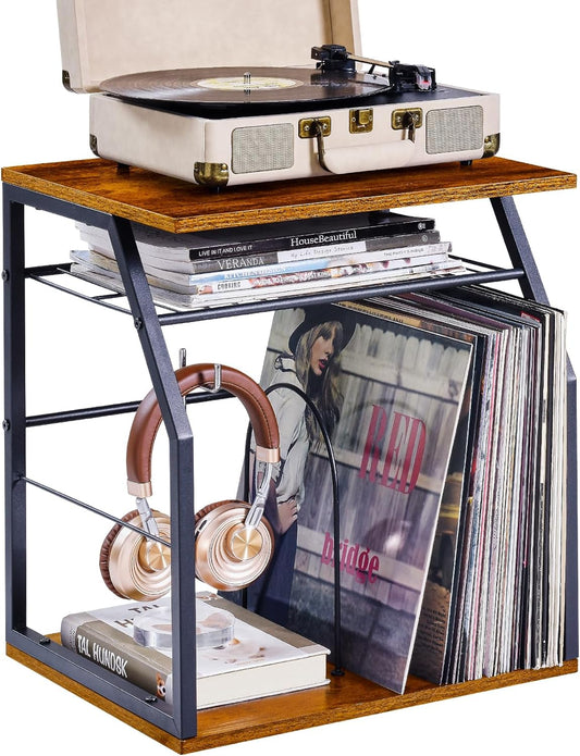 Vinyl Record Storage Holder for 100Lps, 3-Tier Vinyl Record Stand with 2 Movable Divider, Record Holder Organizer for Player, Albums, Magazine, Book, File (Black)