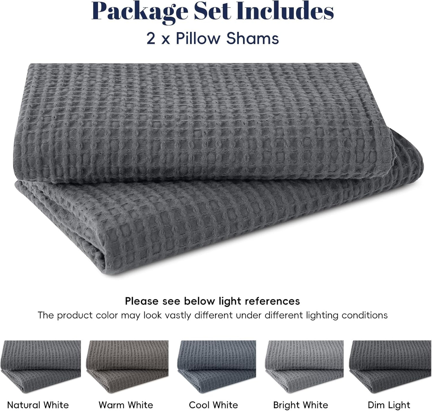 100% Cotton Waffle Pillow Shams King Size, 2 Pack 20" X 36" Soft Skin-Friendly and Breathable Pillowcases, No Filling, Aesthetic Woven Waffle Weave Pillow Covers for Bed, Charcoal Grey