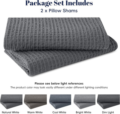 100% Cotton Waffle Pillow Shams King Size, 2 Pack 20" X 36" Soft Skin-Friendly and Breathable Pillowcases, No Filling, Aesthetic Woven Waffle Weave Pillow Covers for Bed, Charcoal Grey
