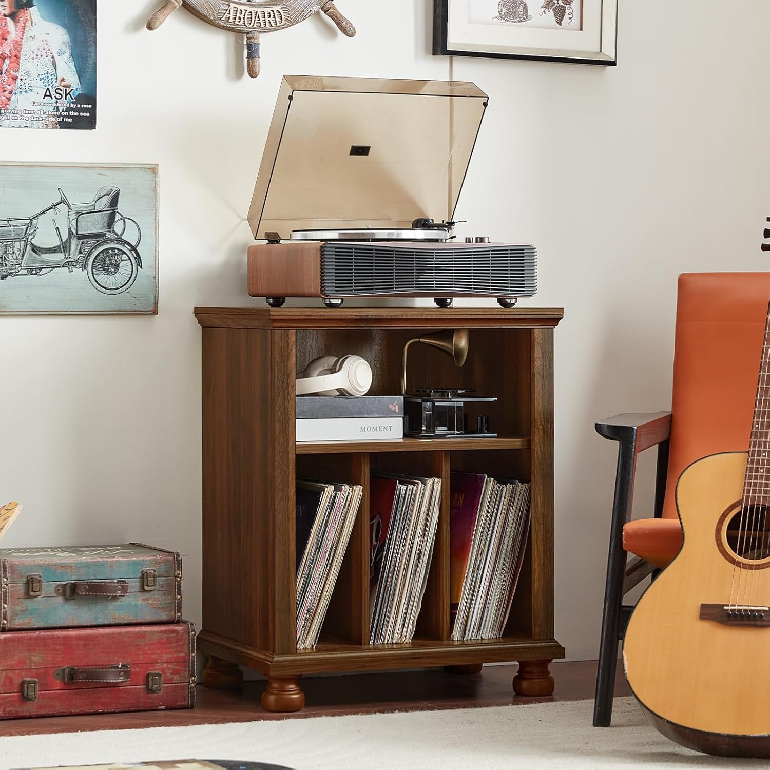 Record Player Stand with Vinyl Record Storage, 24" Wide Mid-Century Record Player Table up to 200 Albums,Large Wood Turntable Stand Cabinet Dispaly Shelf for Living Room,Bedroom,Brown