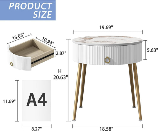 round Nightstand with Drawer, Modern Side Table with Marbling Natural Stone Tabletop and Metal Legs, Small End Table with Storage for Living Room and Bedroom, Gold
