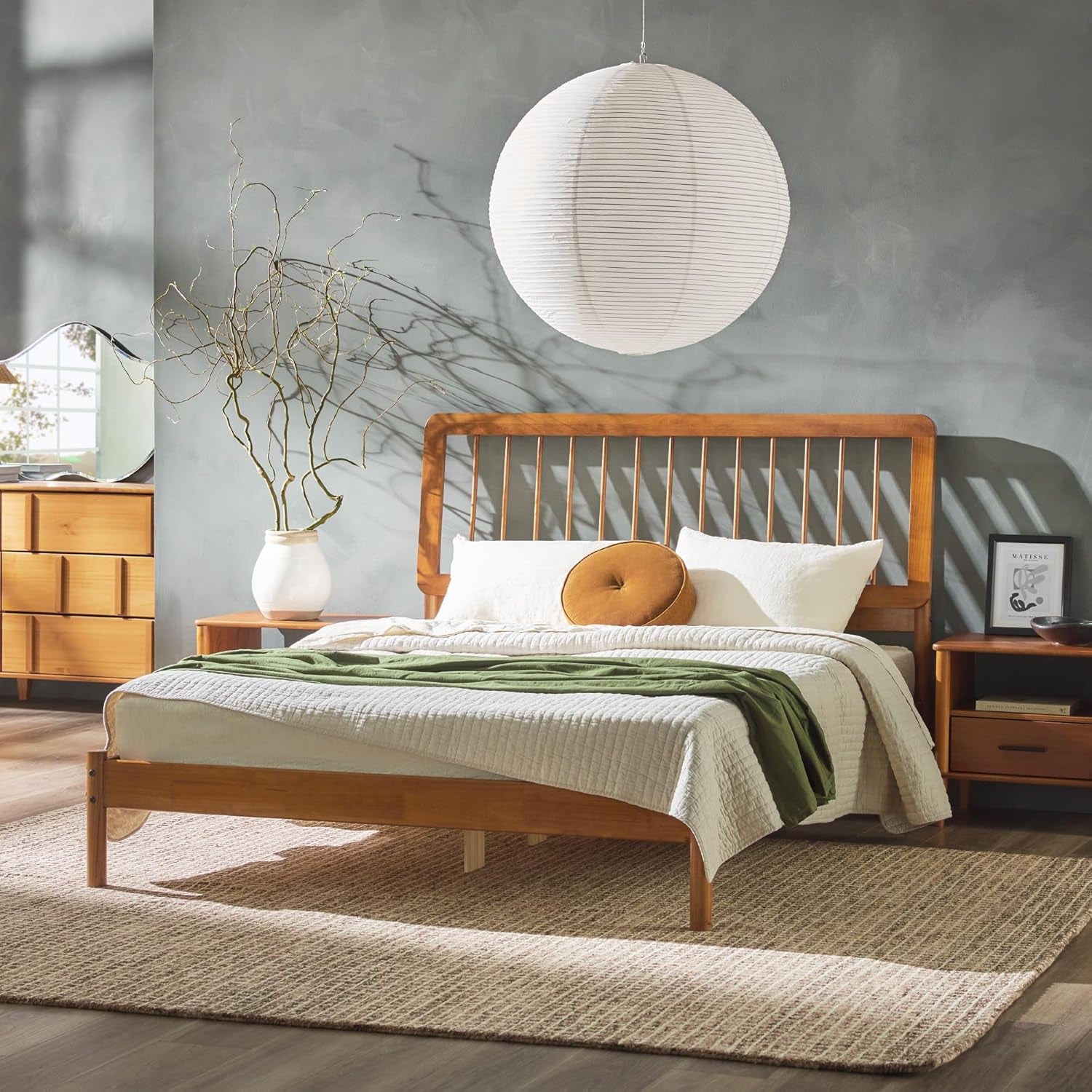 Clemente Mid-Century Modern Spindle Headboard Queen Bedframe, Queen Size, Caramel