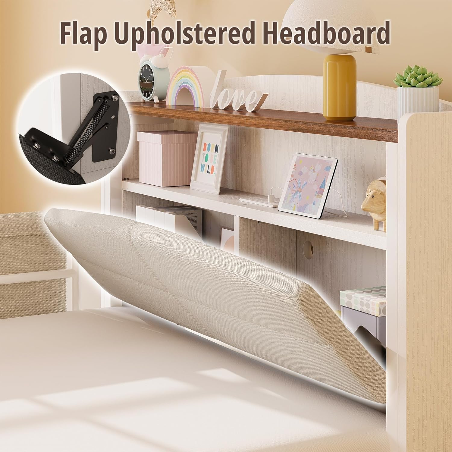 Twin Bed Frame with Rails, Farmhouse Platform Bed with 2 Drawers, Upholstered Storageheadboard & Charging Station for Boys Girls Teens, No Box Spring Needed, White/Walnut