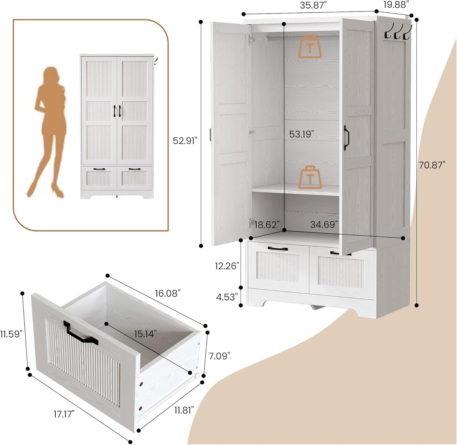 Armoire Wardrobe Closet, 71" H Wooden Clothing Storage Cabinet with 2 Doors and 2 Drawers, Bedroom Freestanding Wardrobe Combination with Hanging Rod and Adjustable Shelves, White