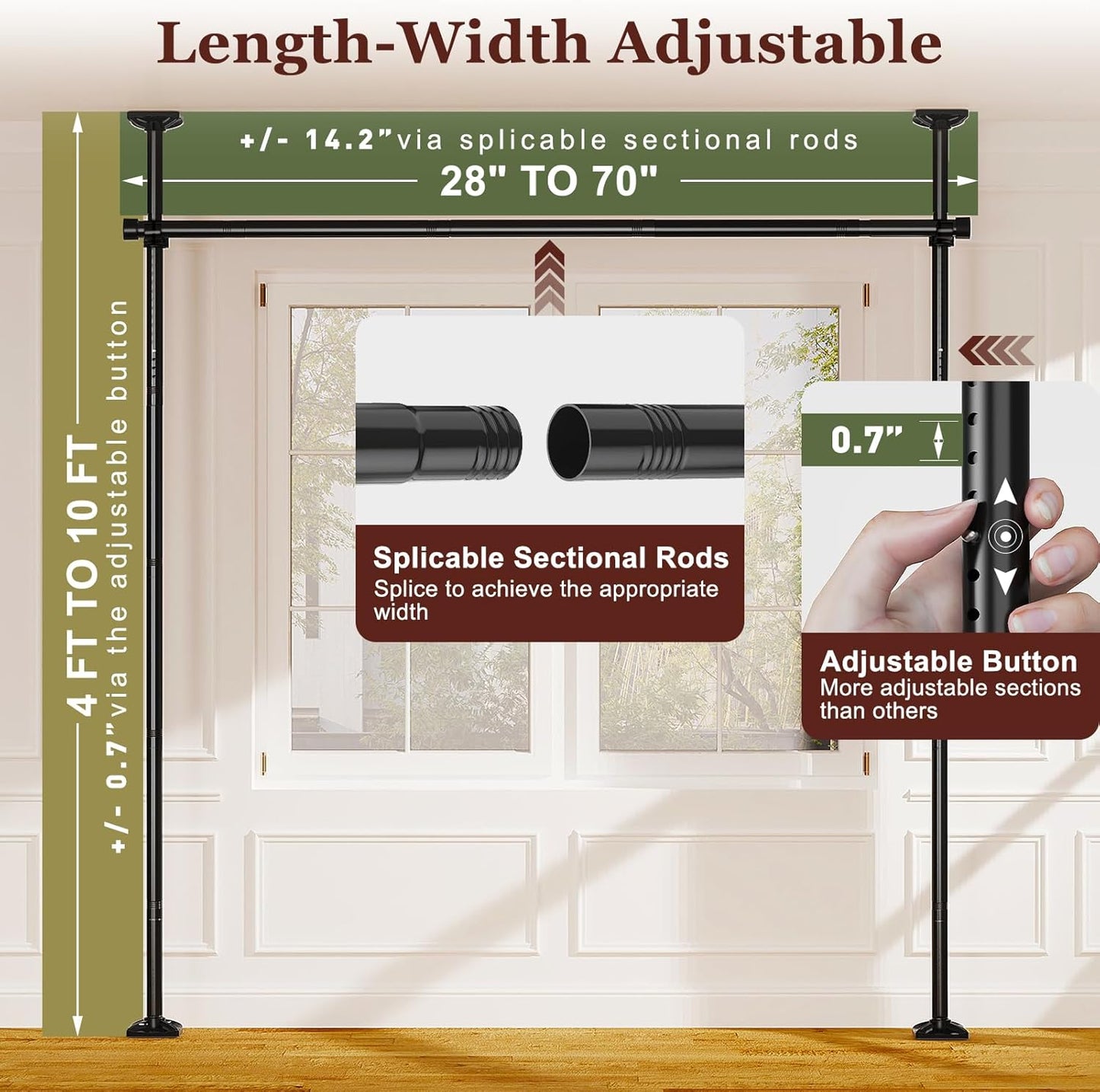 Room Divider for Room Separation, Tension Curtain Rods No Drilling, 4-10Ft(H) 28-70Inch(W) Adjustable Temporary Privacy Wall Divider, Heavy Duty Freestanding Space Partition Separator, Black