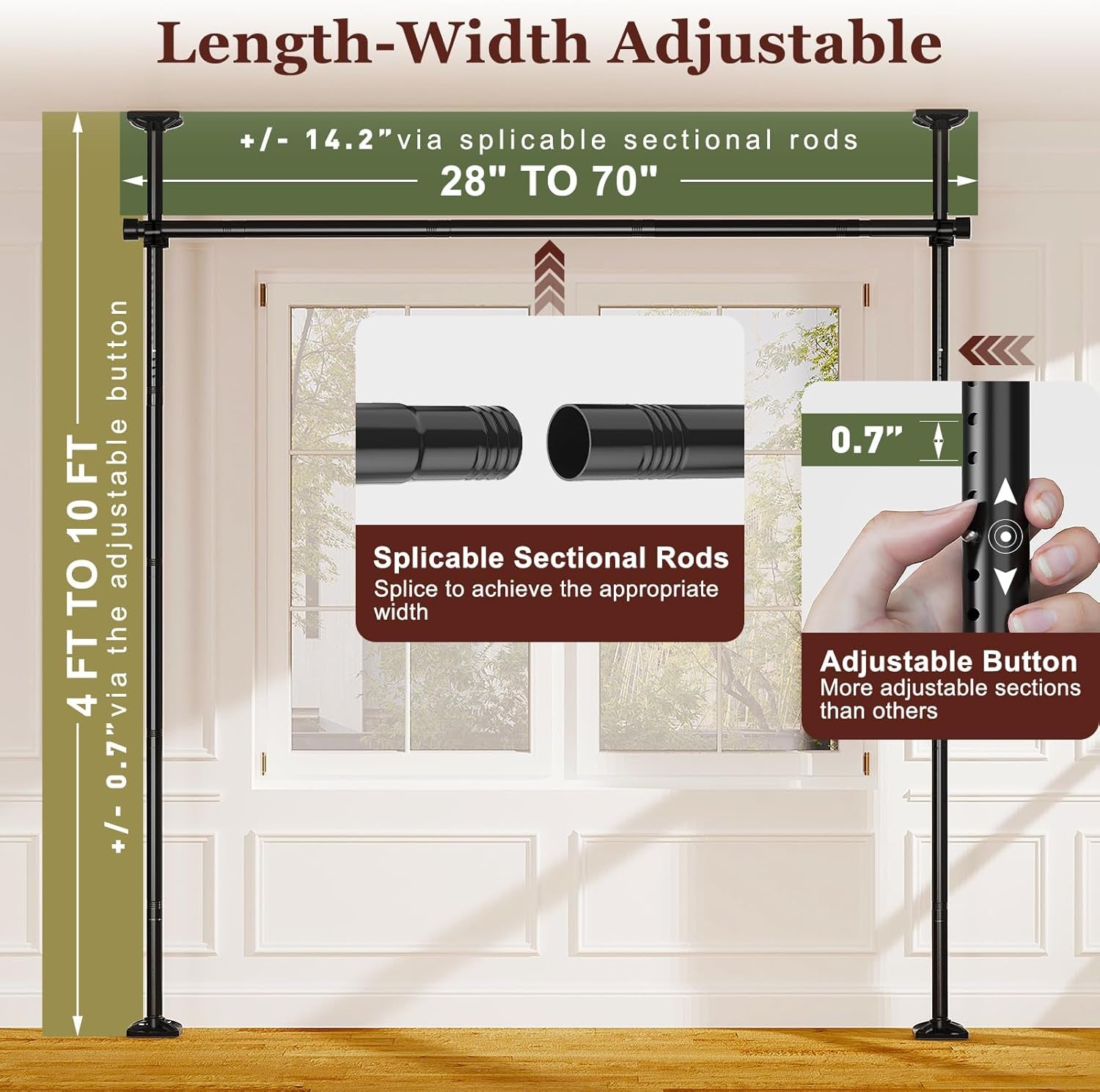 Room Divider for Room Separation, Tension Curtain Rods No Drilling, 4-10Ft(H) 28-70Inch(W) Adjustable Temporary Privacy Wall Divider, Heavy Duty Freestanding Space Partition Separator, Black